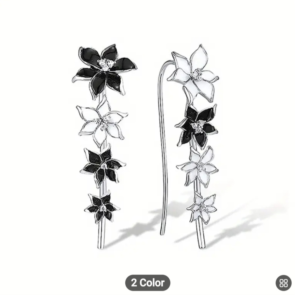 🖤🤍NEW🖤🤍 PRETTY!! BLACK ABD WHITE Trumpet Flower Dangle Earrings In SILVER PL